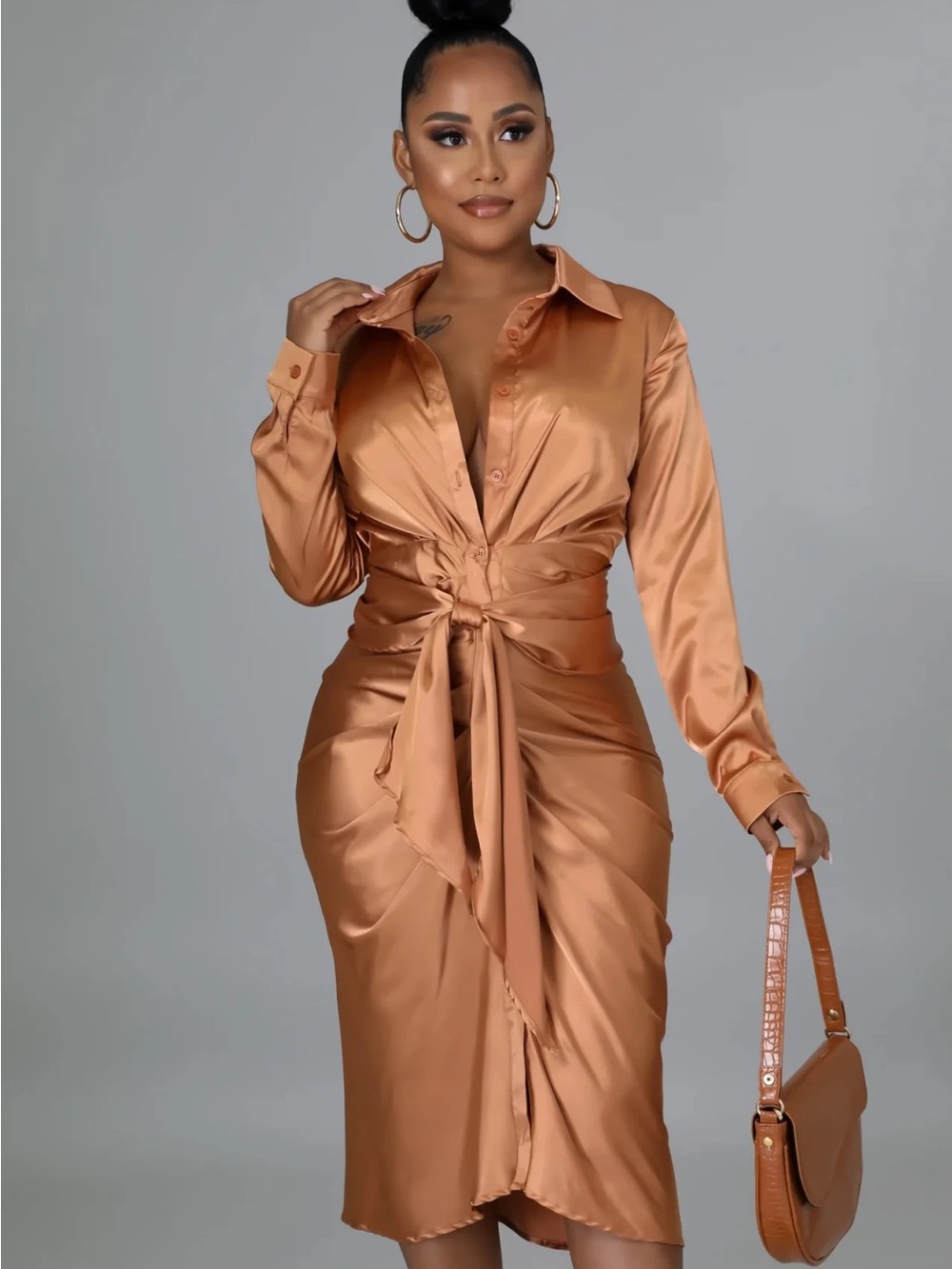 Satin Tie-Waist Long Sleeve Dress in Copper